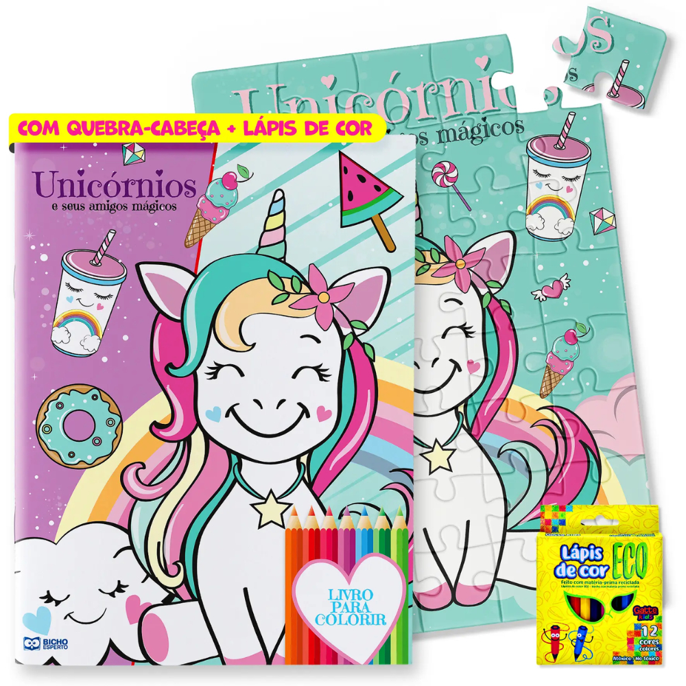 Kit Diversão Livro de Colorir Unicórnios + Quebra-Cabeça e Lápis de Cor