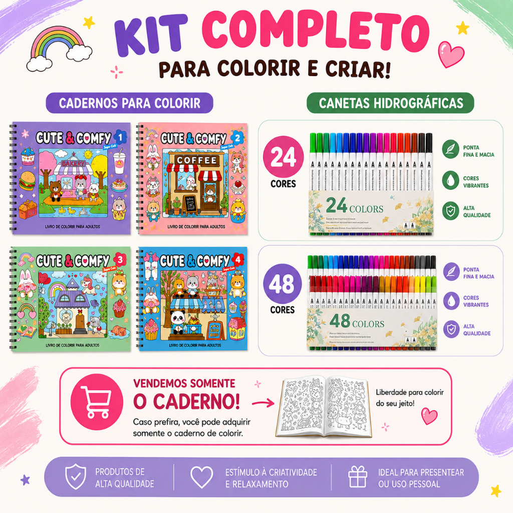 Kit Livro De Colorir Cute & Comfy Com Conjunto Canetas Marcador 24 E 48 Cores Capa Dura 50 Páginas