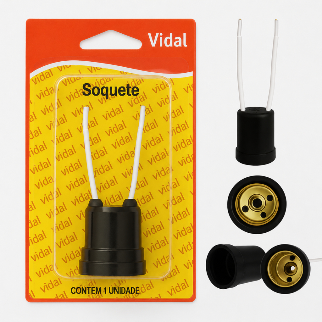 1, 6 ou 12 Soquete com Rabicho 10A Padrão E27 – Preto C/ Cabo Branco | Vidal