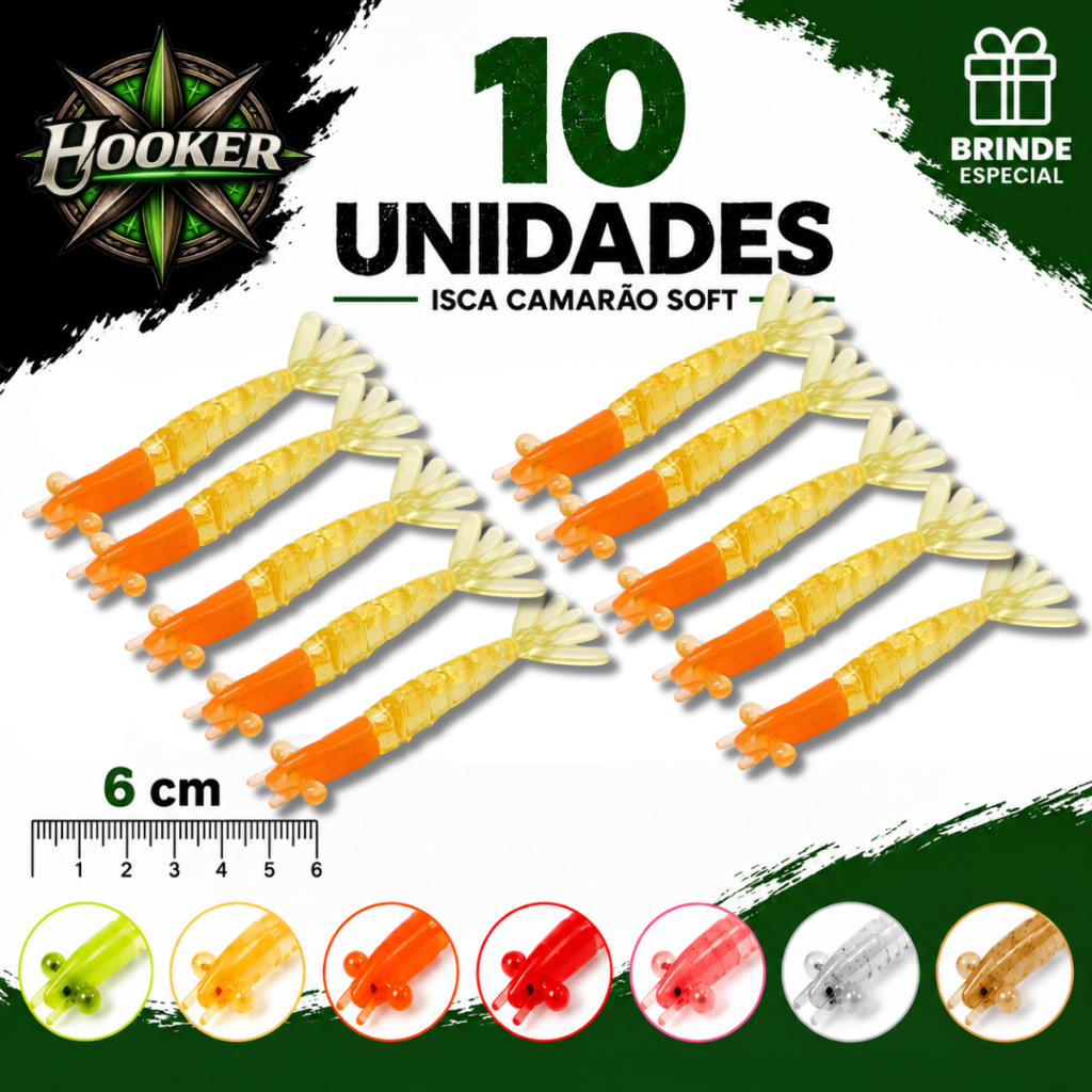 Kit 10 Iscas Camarão Soft 6cm Hooker Bait Pesca Artificial Escolha a Cor