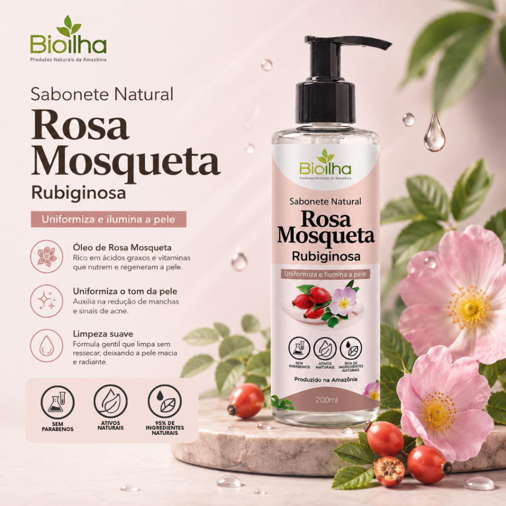 Sabonete Líquido Rosa Mosqueta Bioilha Uniformiza e Ilumina a Pele 200ml - Clareador de manchas na pele