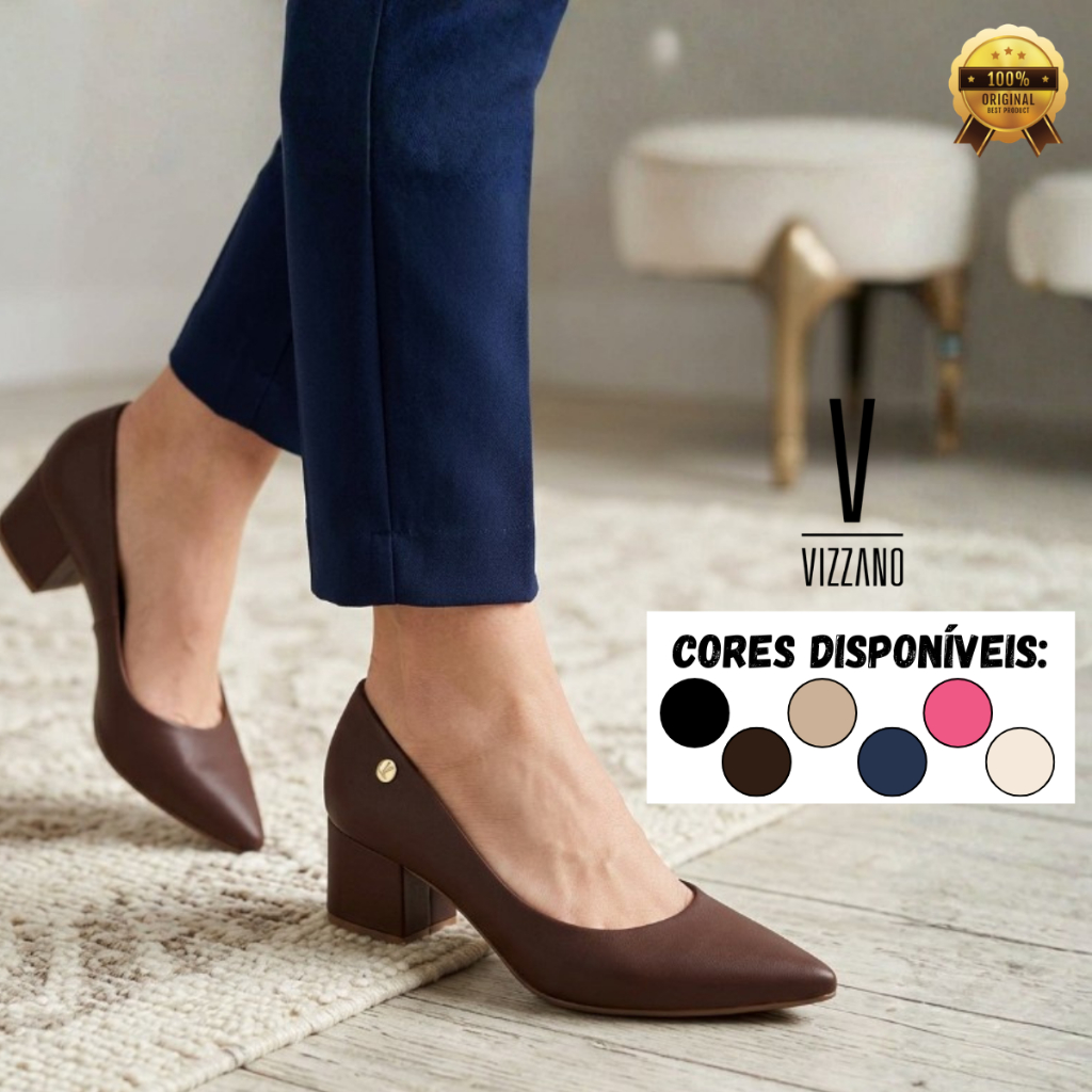 Sapato Scarpin Feminino Vizzano Salto Baixo Quadrado Bloco Grosso Bico Fino Casual Moderno Original