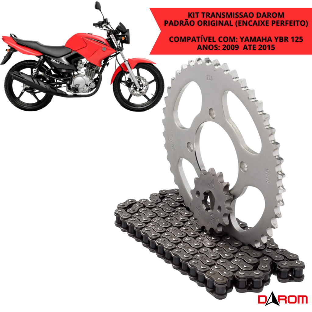 Kit Transmissão Completo YBR 125 Factor 125 2000 2001 2002 2003 2004 Até 2015 Corrente Coroa Pinhão Relação Darom
