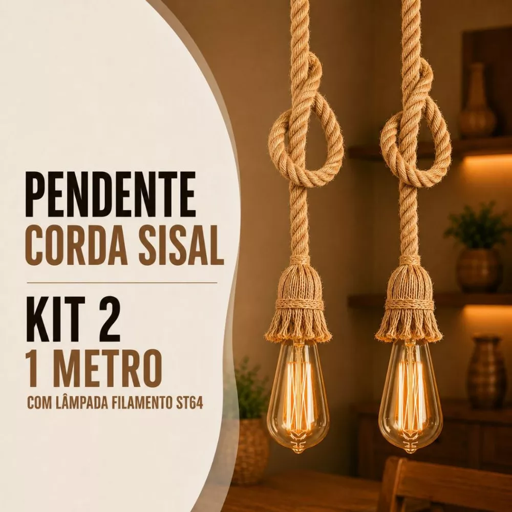 Kit 2 Pendente Corda 1 Metro com 2 Lâmpada Filamento Âmbar ST64 Bivolt 110v/220v Vintage Decorativo