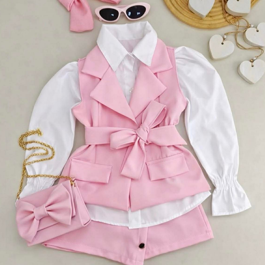 Conjunto Infantil Feminino Alfaiataria Colete Short Saia 4 ao 10 Anos Elegante Menina Moda Infantil