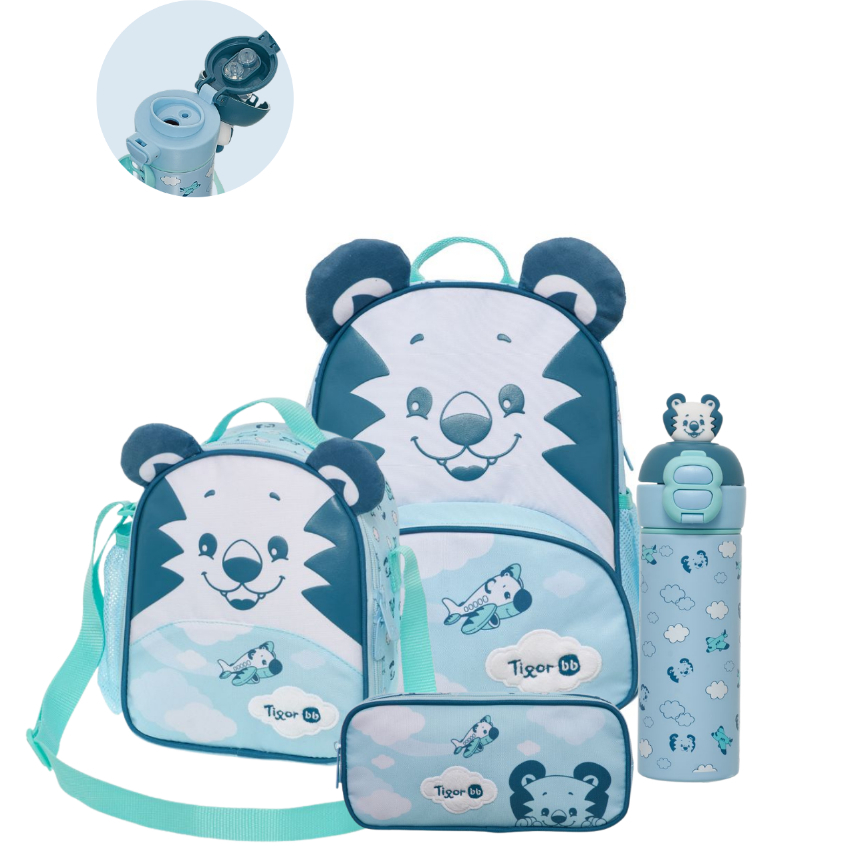 Kit Escolar 4 Peças Tigor BB T. Tigre Happy Pilot Azul Mochila Lancheira Estojo e Garrafa Térmica