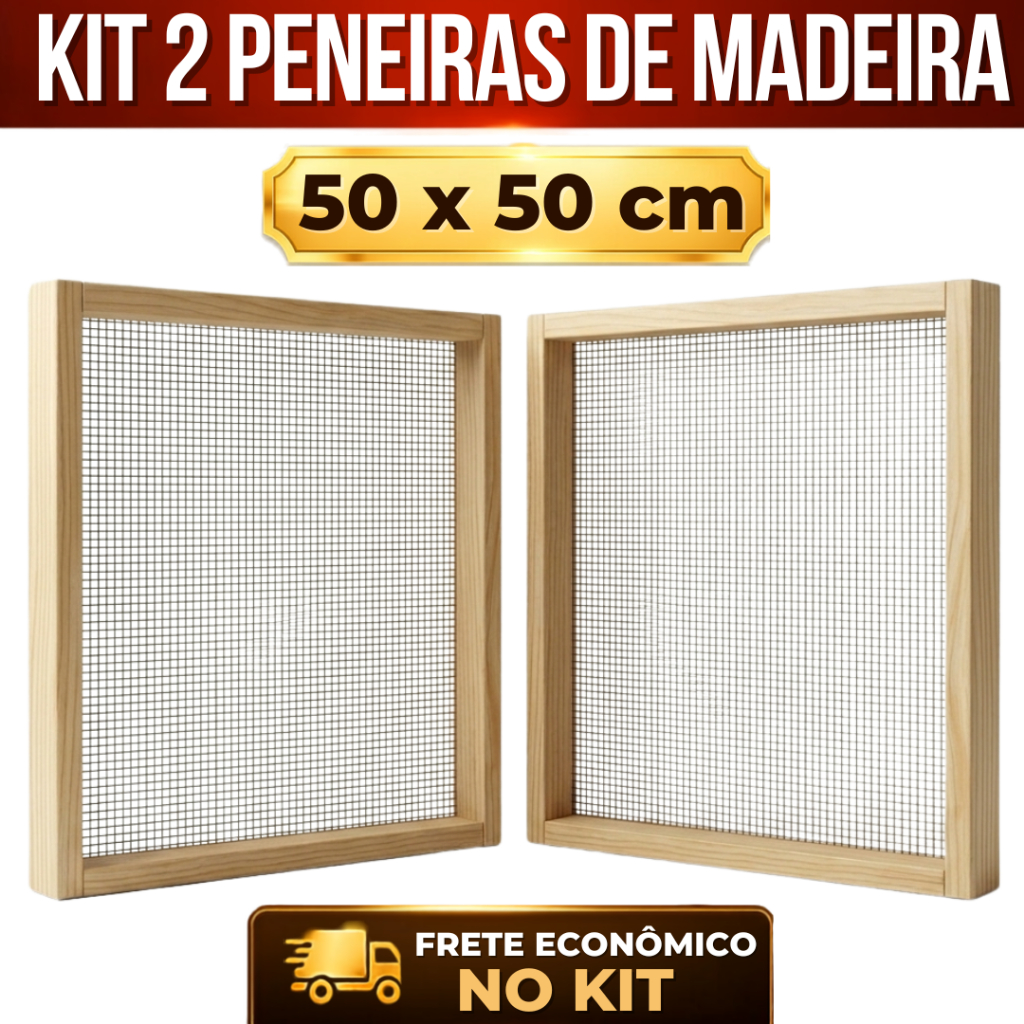KIT 2 PENEIRAS DE MADEIRA 50x50 COM TELA DE AÇO | ECONOMIZE NO FRETE | CONSTRUÇÃO, AREIA, AGRO, CAFÉ, MILHO E GRÃOS