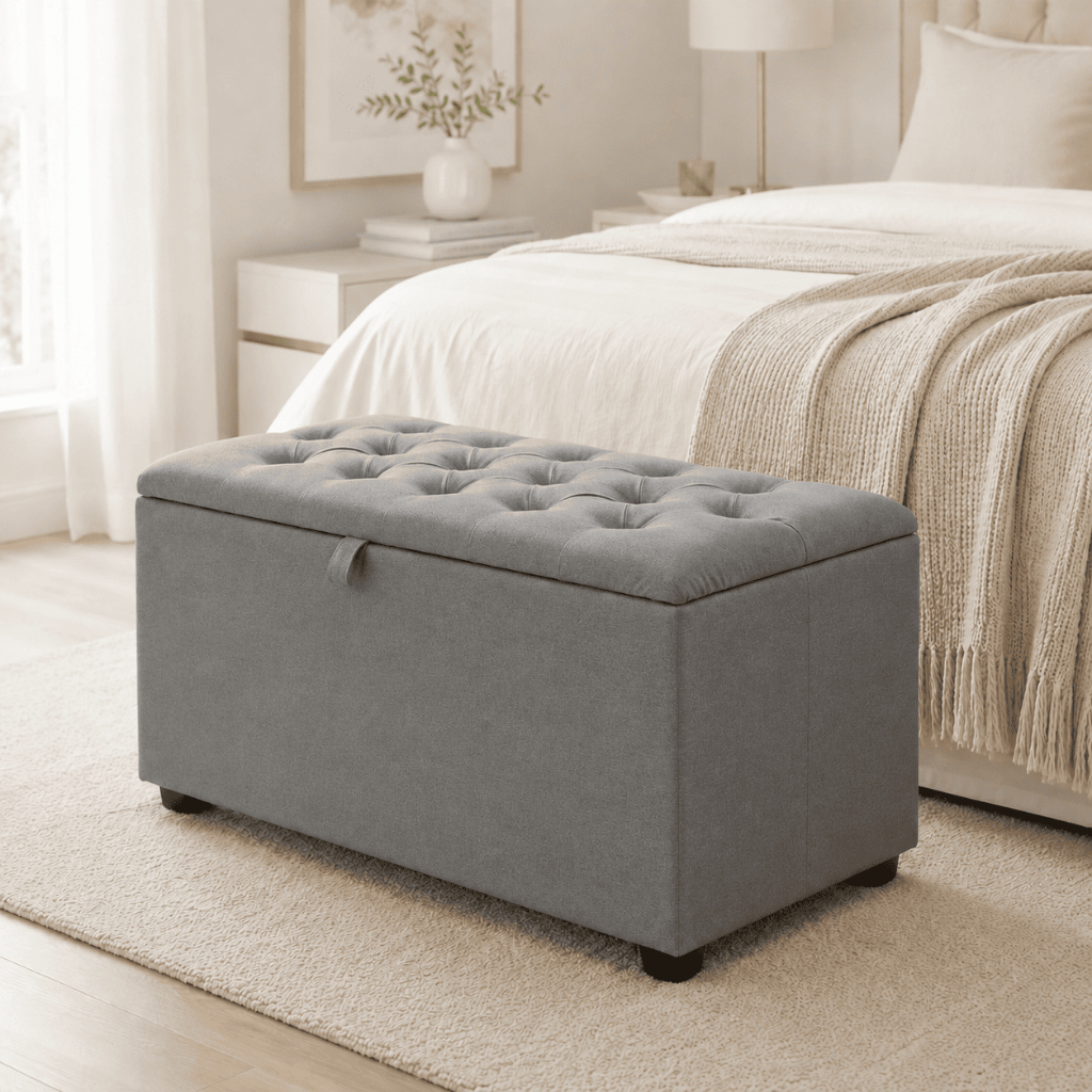 Baú Capitonê Solteiro Puff Recamier Calçadeira Com Organizador Quarto Sala Estofado Moderno 80cm