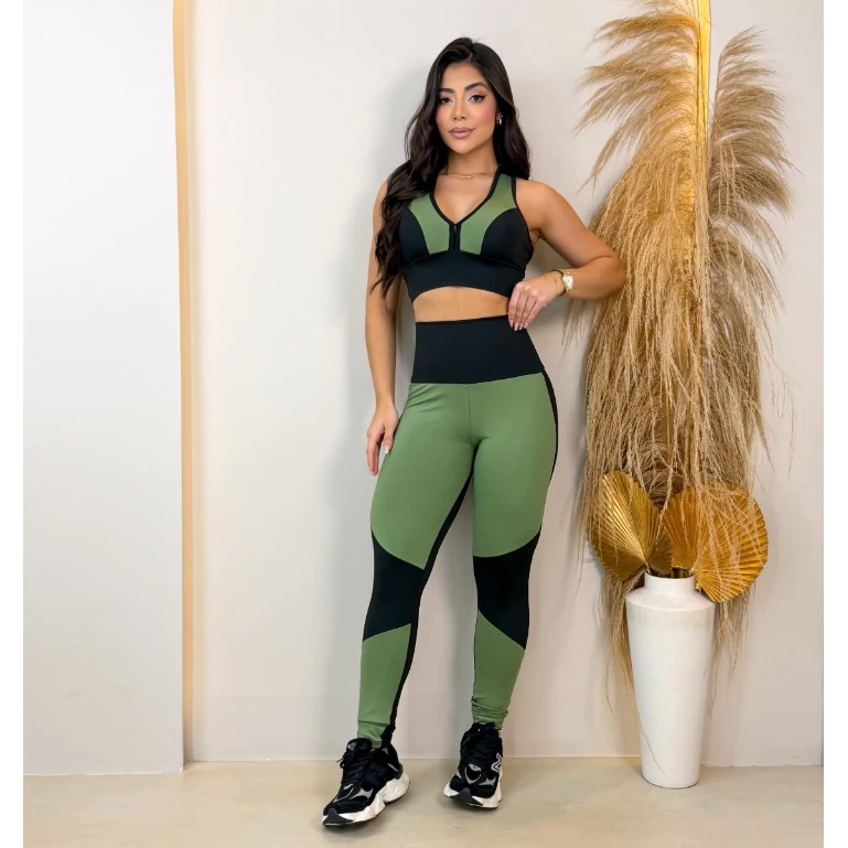Conjunto Fitness Feminino Calça Legging Cós Alto Zero Transparência + Top Nadador Confortável — imagem 1