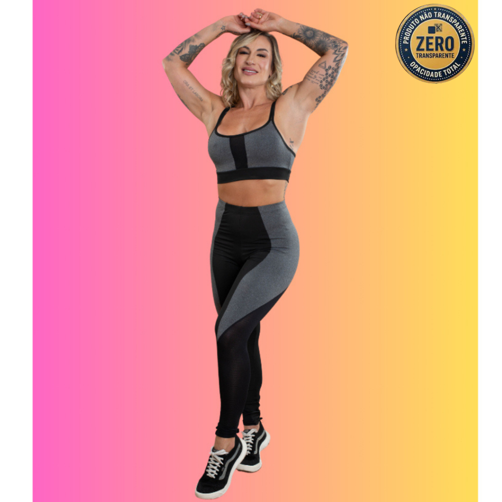 Conjunto Fitness Feminino Calça Legging Cintura Alta Com Detalhe Recorte E Top Cropped Alça Academia ZERO TRANSPARÊNCIA