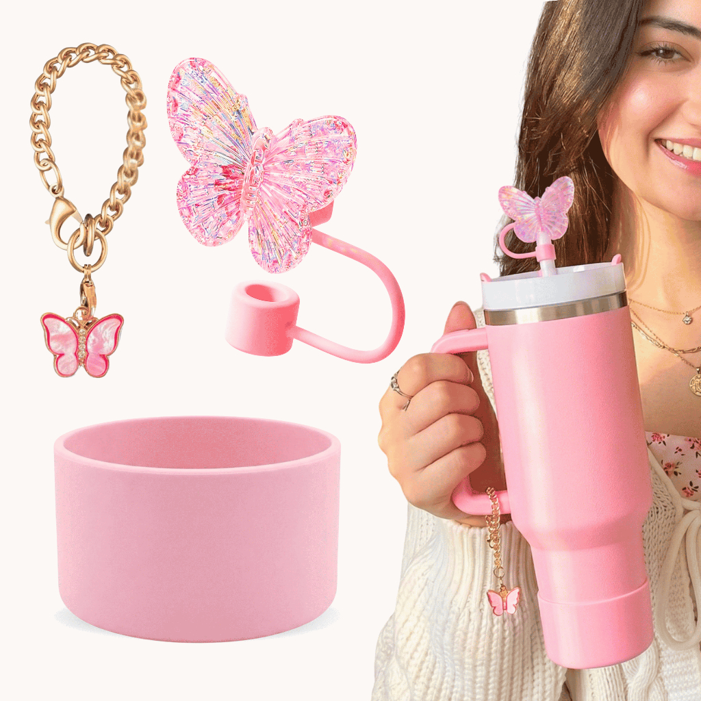 Kit 3 Peças Acessórios para Copo Térmico de 1200ml Tampa Borboleta Base de Silicone Estilo Feminino