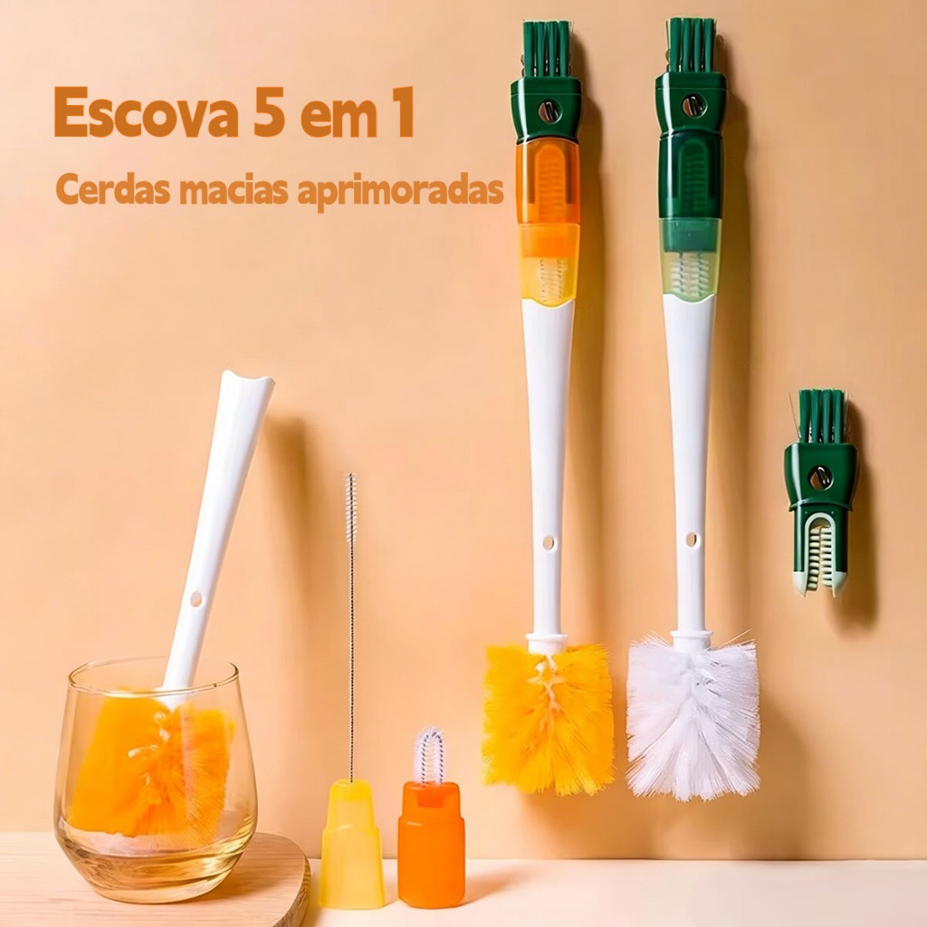 Escova para Copos 5 em 1 Multifuncional (Laranja/Verde) com Escova de Canudo e Cantos