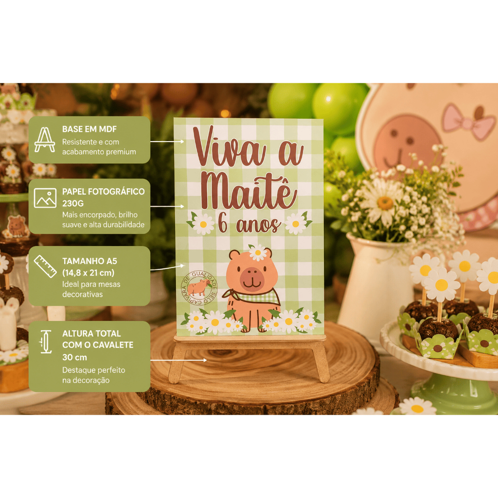 Quadro de Mesa Capivara Personalizado A5 acompanha Cavalete em MDF | Decoração Festa Infantil Menina