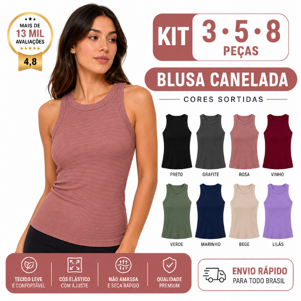 kit  Blusa regata feminina canelada  premium cores variadas