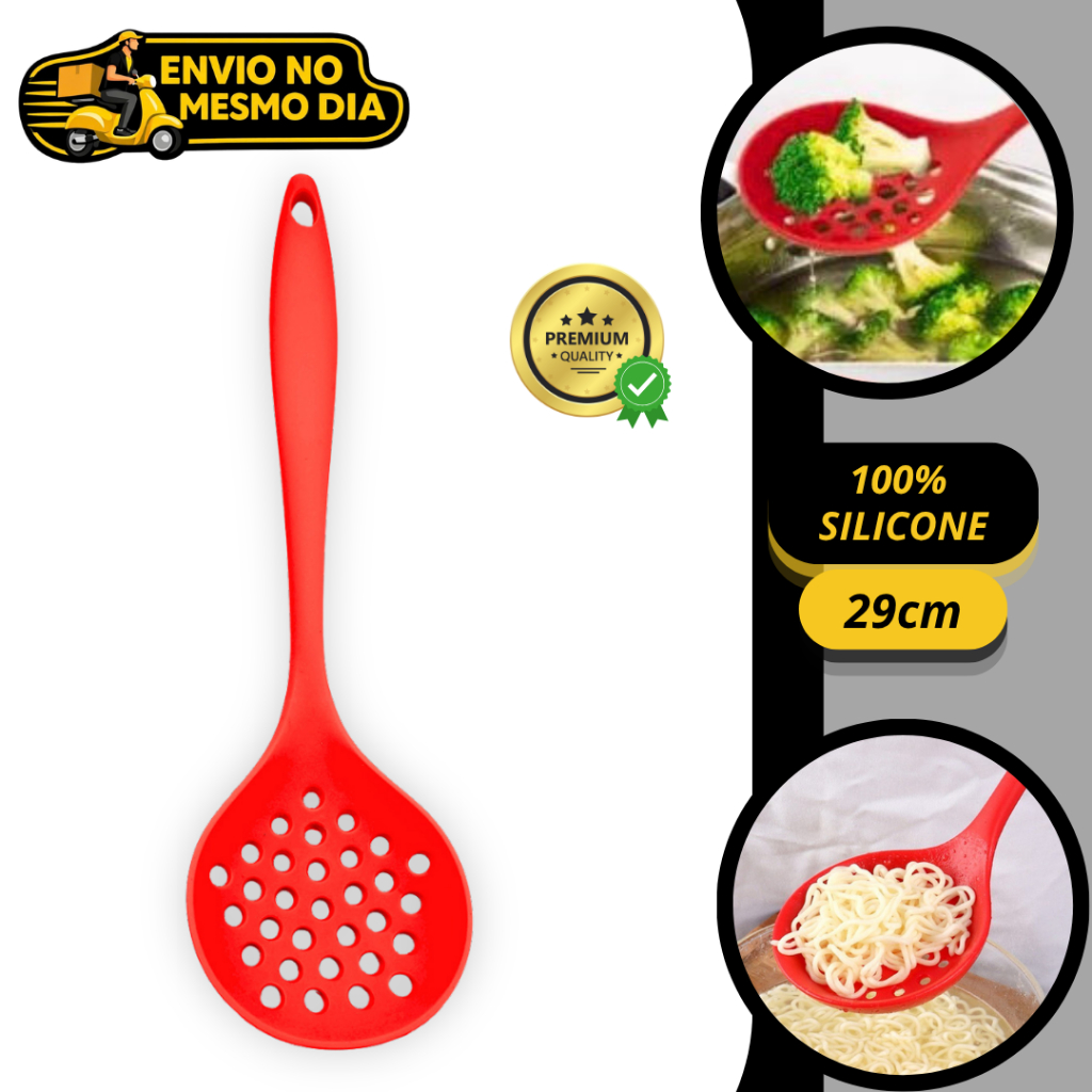 Escumadeira 100% Silicone Premium Antiaderente Resistente ao Calor Não Risca Panelas Utensílio de Cozinha Profissional