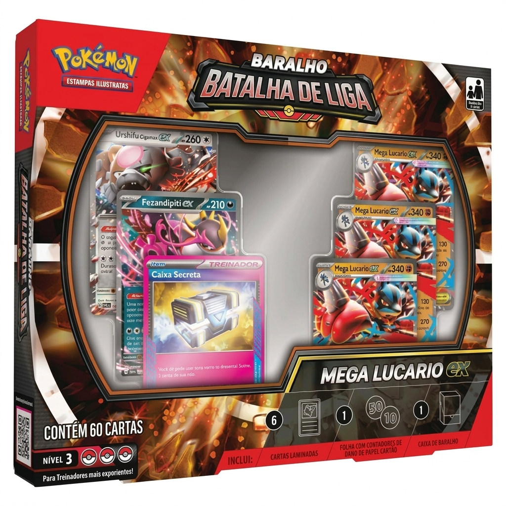 Baralho Batalha de Liga Mega Lucario EX Pokemon TCG Copag Deckbox e Sleeve Pikachu e Pokebola