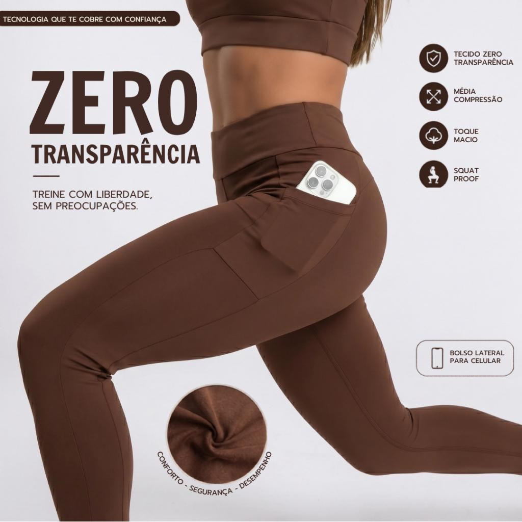 Imagem Legging Feminina Com Bolso P/ Celular Zero Transparência UV50+ Academia Treino Corrida Yoga Musculação