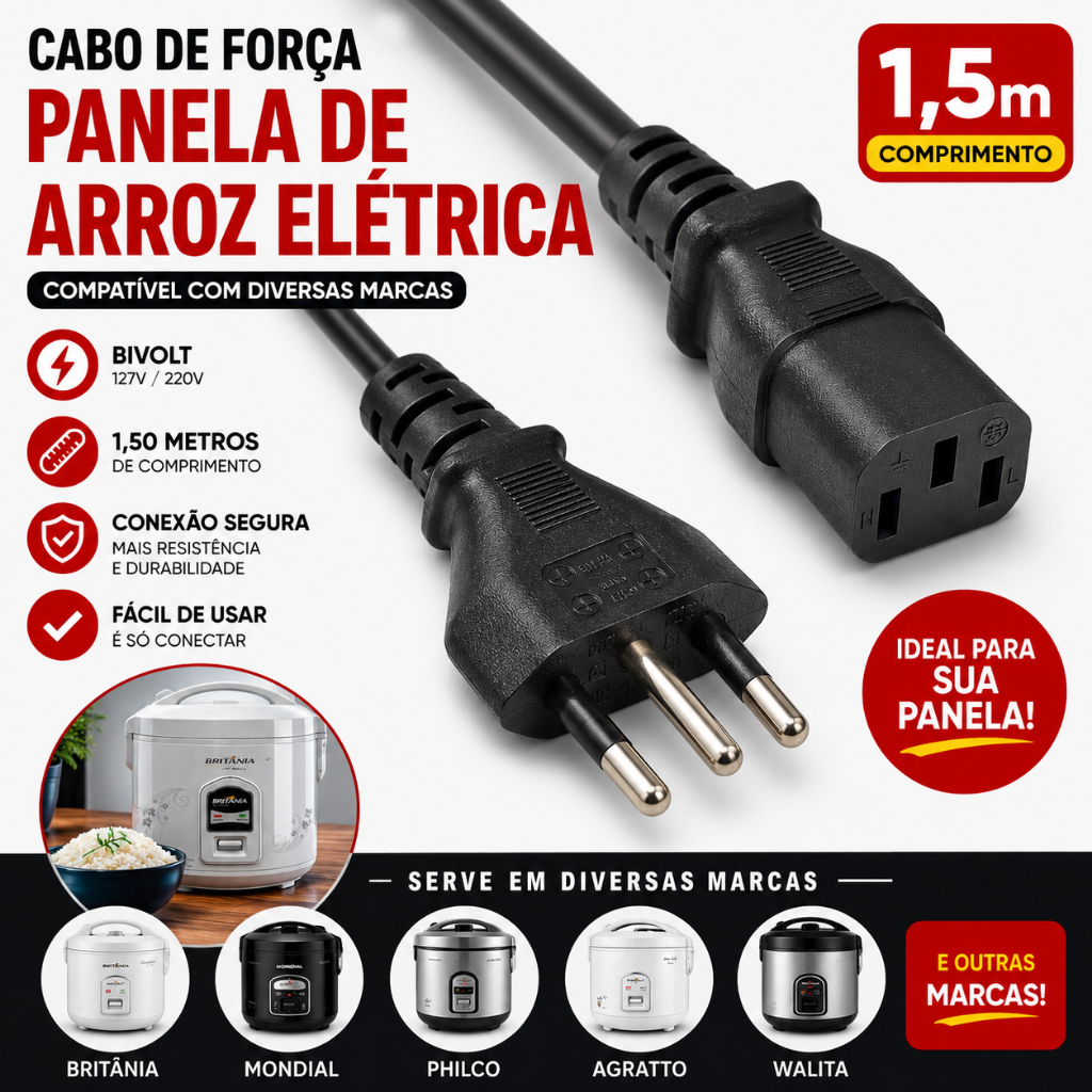 Cabo De Força Panela De Arroz Elétrica 3L Fio de Energia Tomada Bilvolt 1,50 Metros Diversas Marcas