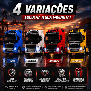 Miniatura Caminhão Volvo FH Globetrotter 1:36 Diecast Metal Som Luz Fricção Colecionável