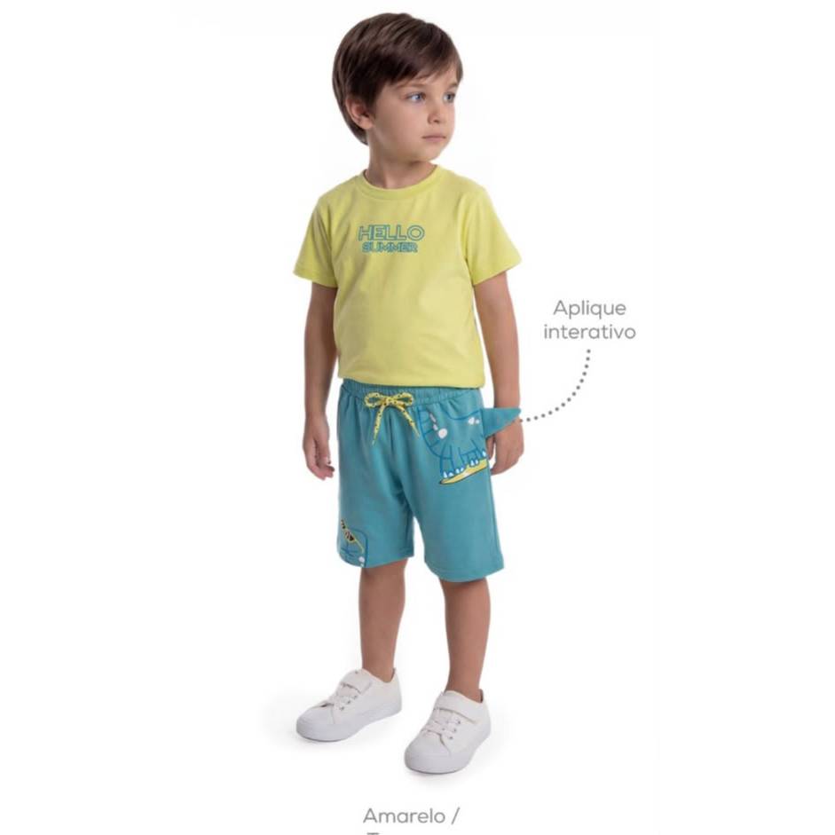 Conjunto Infantil Masculino Camiseta Meia Malha e Bermuda Moletom 3D Confortável