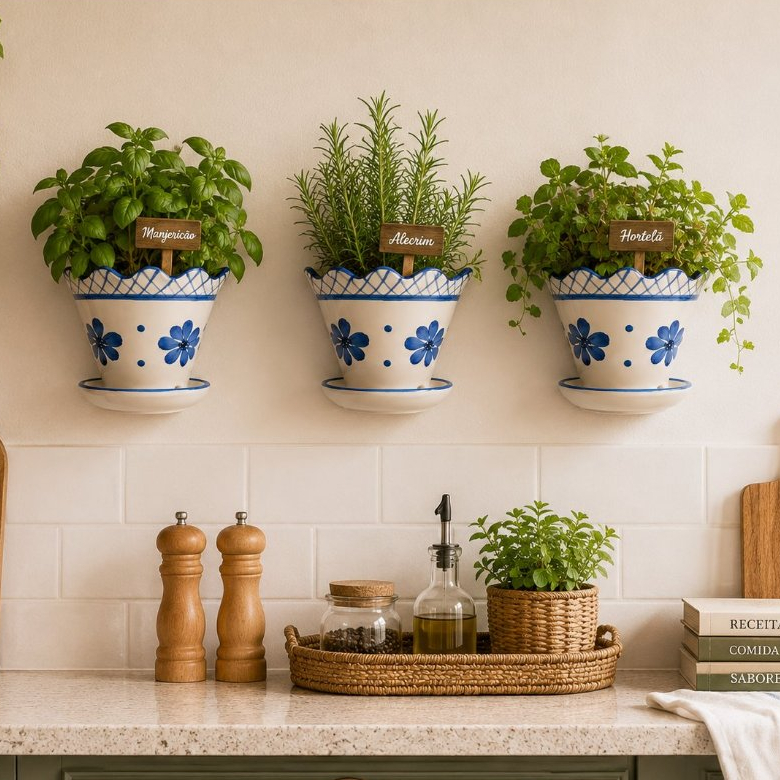 Kit Floreira de Parede em Ceramica Esmaltada Pintada a Mao Decorativo para Plantas Vaso com Prato