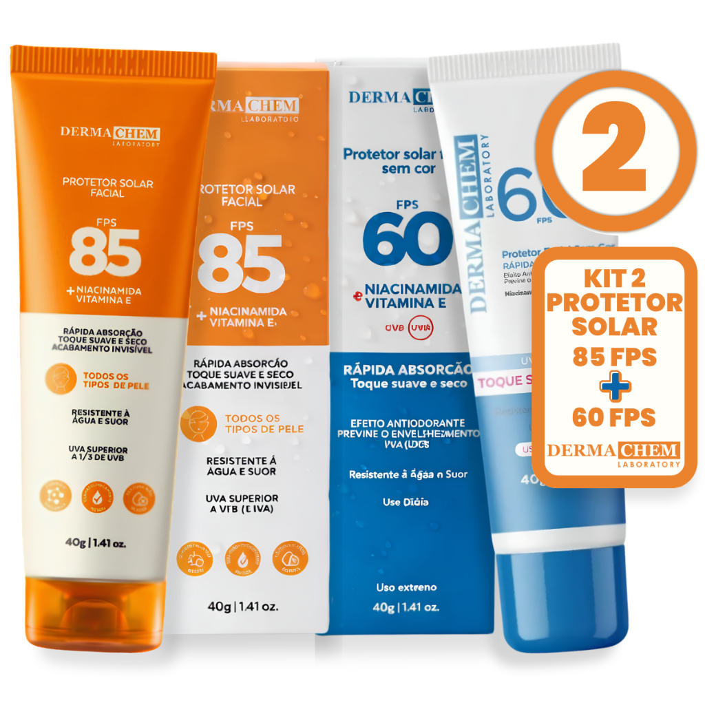 Kit Protetor Solar Facial Dermachem FPS 85 + FPS 60 Toque Seco UVA UVB Controle da Oleosidade