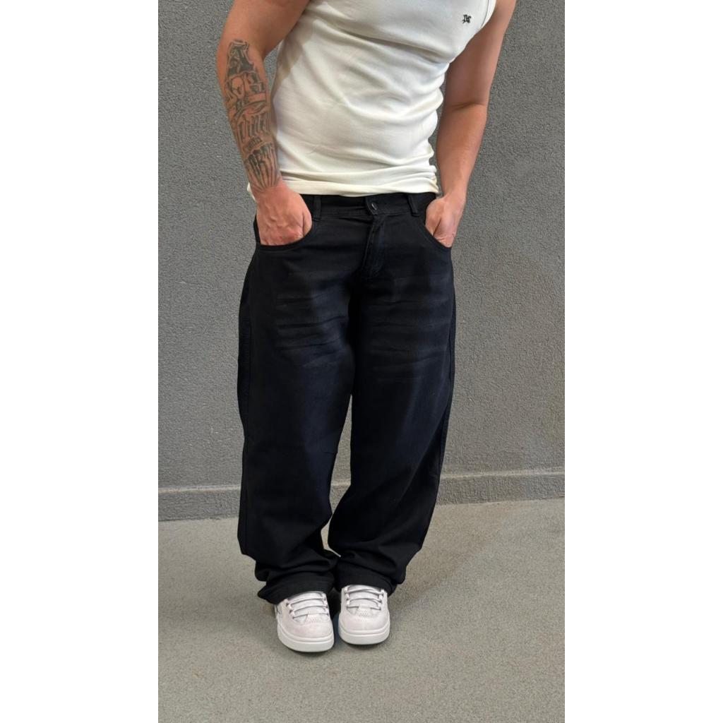 Calça Balão Baggy bag Jeans Preta Oversized Boca Larga Masculina Feminina Streetwear — imagem 2 de 2
