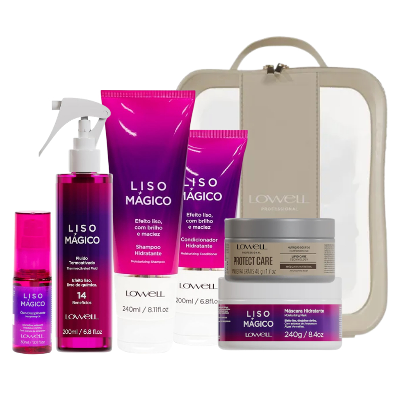 Kit Lowell Liso Mágico Completo 5 Itens +BRINDE Másc Protect Care 48g e Necessaire Lowell