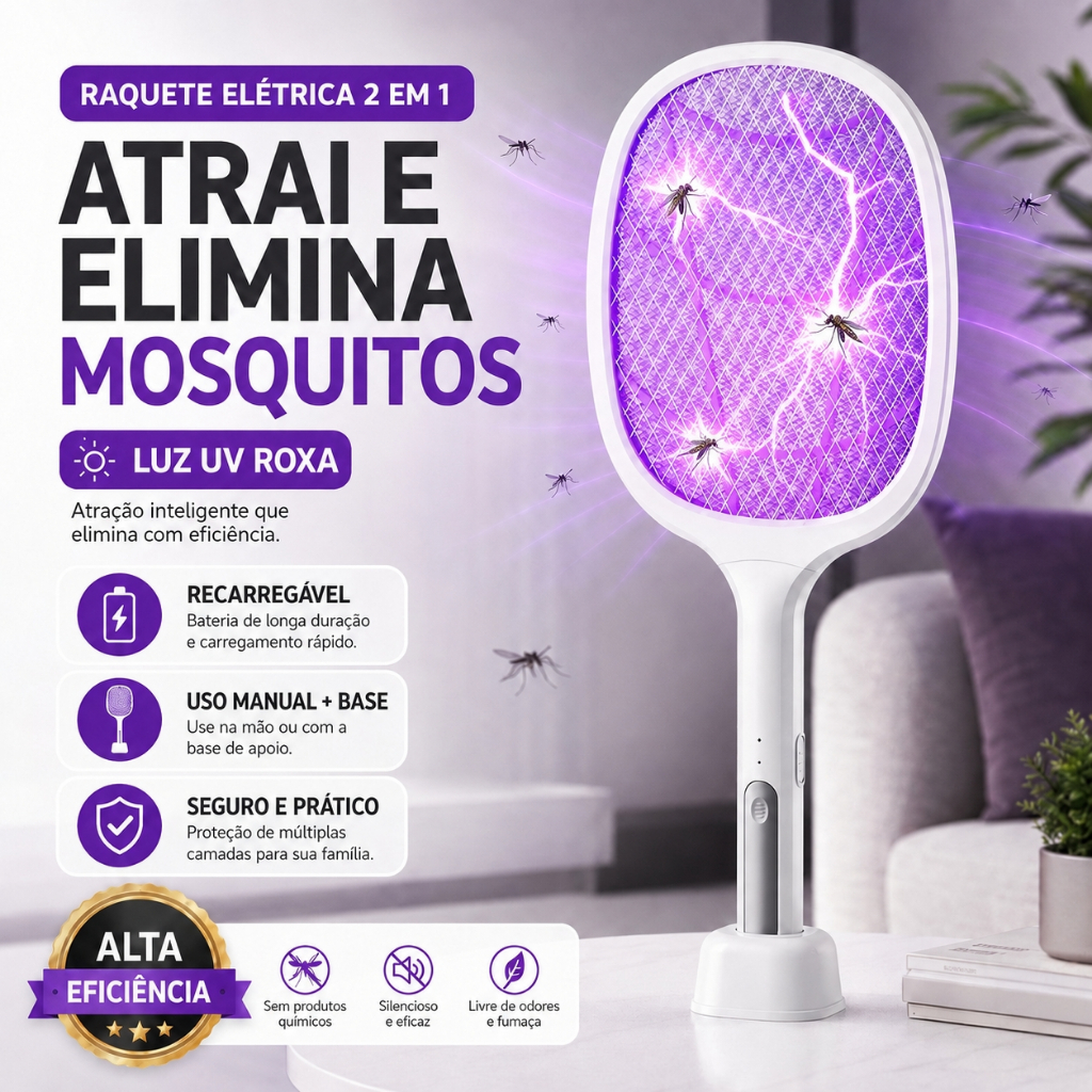 Raquete Mata Mosquito Elétrica Recarregável USB com Base Luz UV 2 em 1 Mata Insetos