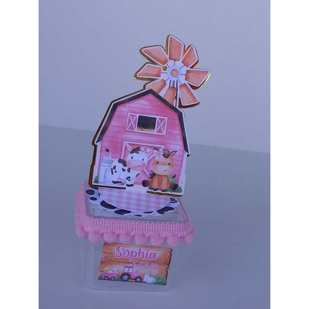 Caixinha Acrílica e Apliques 3d-FAZENDINHA ROSA-MENINA-Personalizado com nome e idade-Festa-Lembrancinhas-Caixa