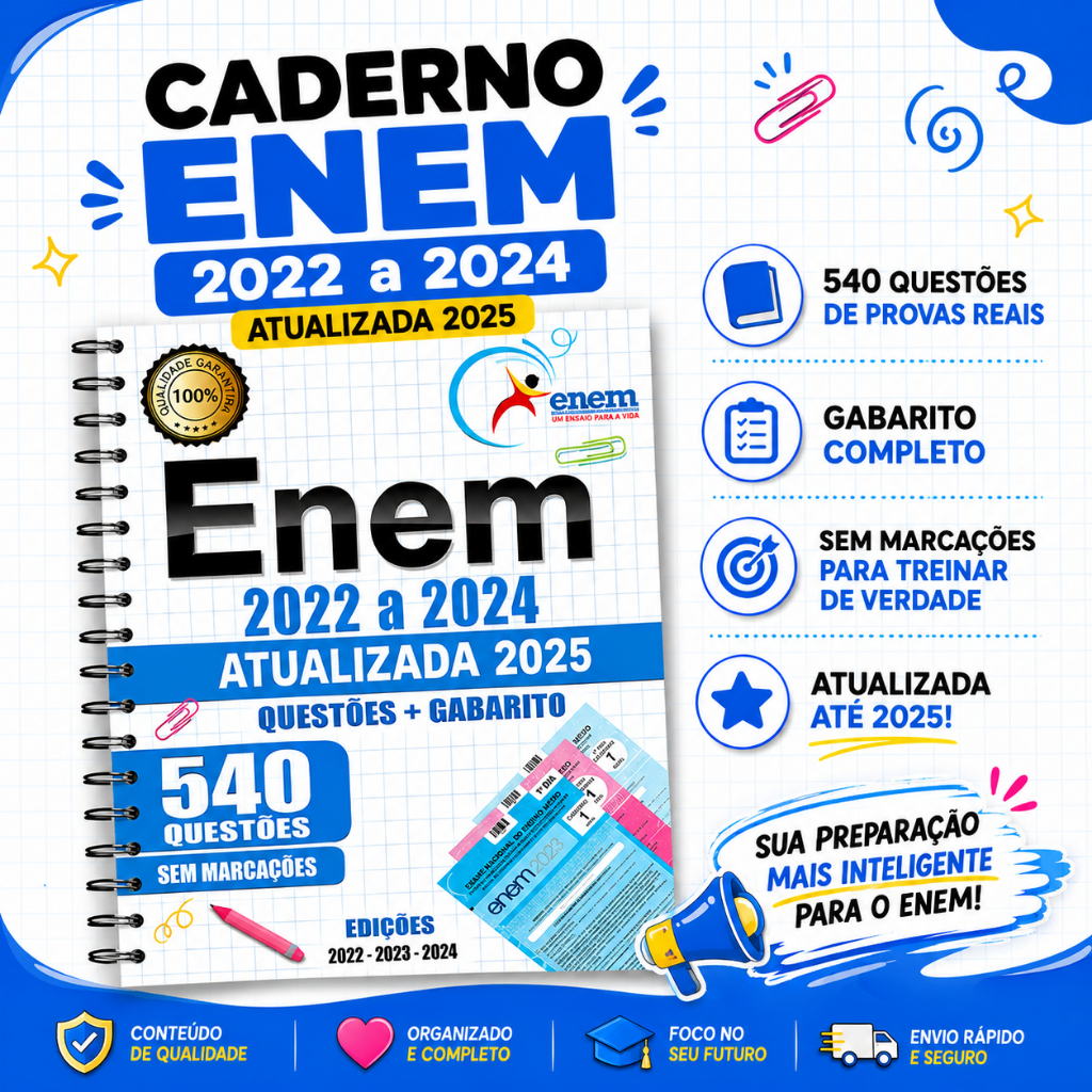 Apostila Enem 2026 Provas Anteriores 2022 a 2025 + Gabarito + Redação + Cartão Resposta