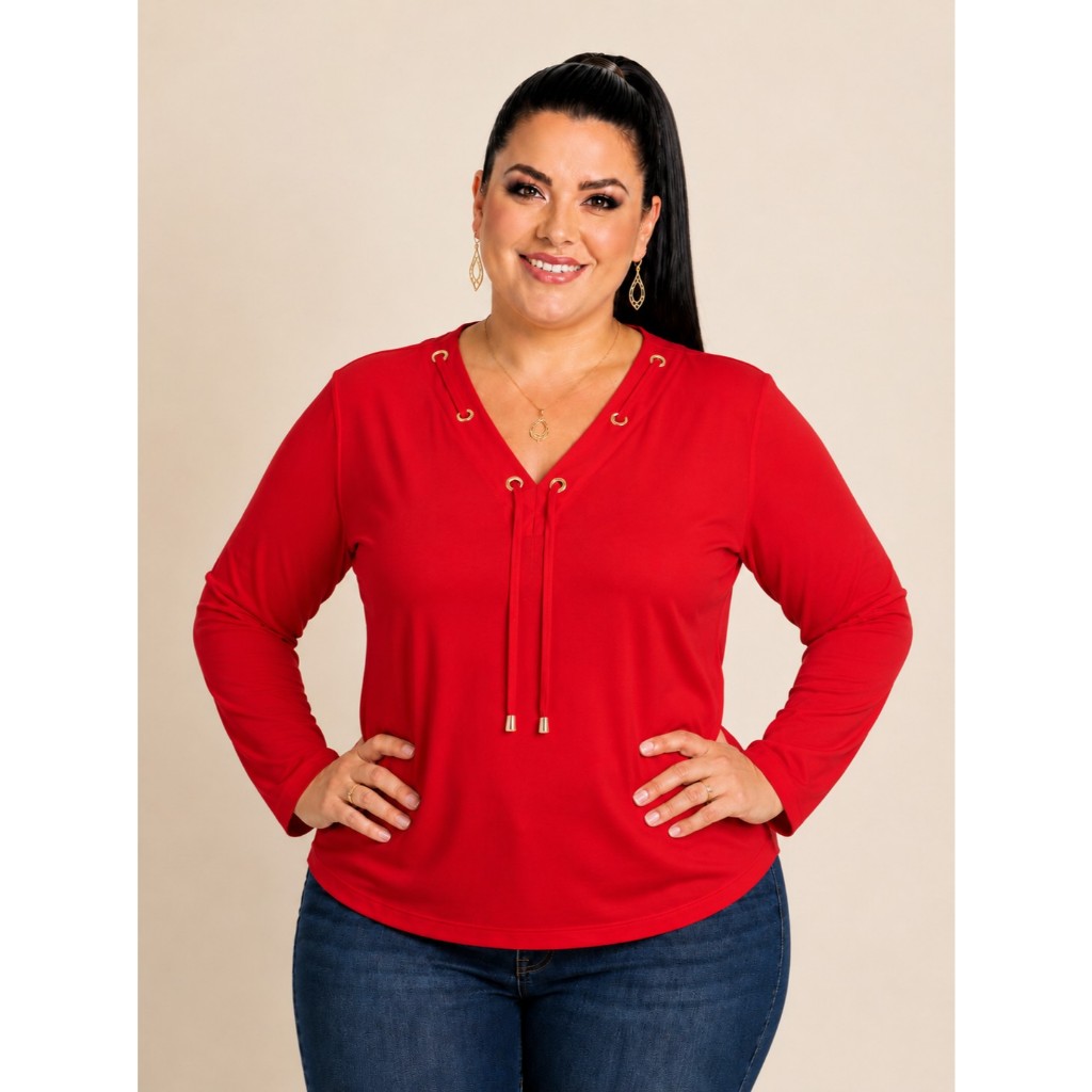 BLUSA PLUS SIZE FEMENINA MANGA LONGA DE FRIO DECOTE V COM ILHOS VISCOLYCRA  42 AO 52 DE INVERNO
