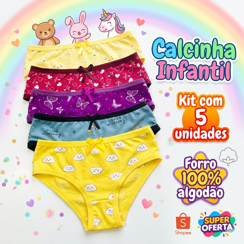Kit 5 calcinhas infantis, forro algodão, tecido macio, respiravel, estampas divertidas e  sortidas