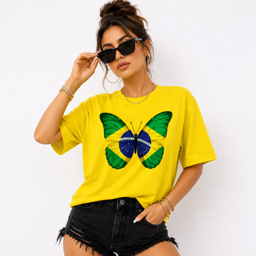 Camiseta Feminina 100% Algodão Borboleta Estampado Bandeira do Brasil