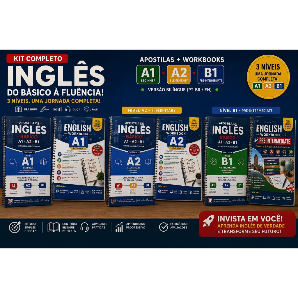 Kit Completo de Inglês A1 A2 B1 + Workbooks | Apostilas Bilíngues | Do Básico ao Intermediário