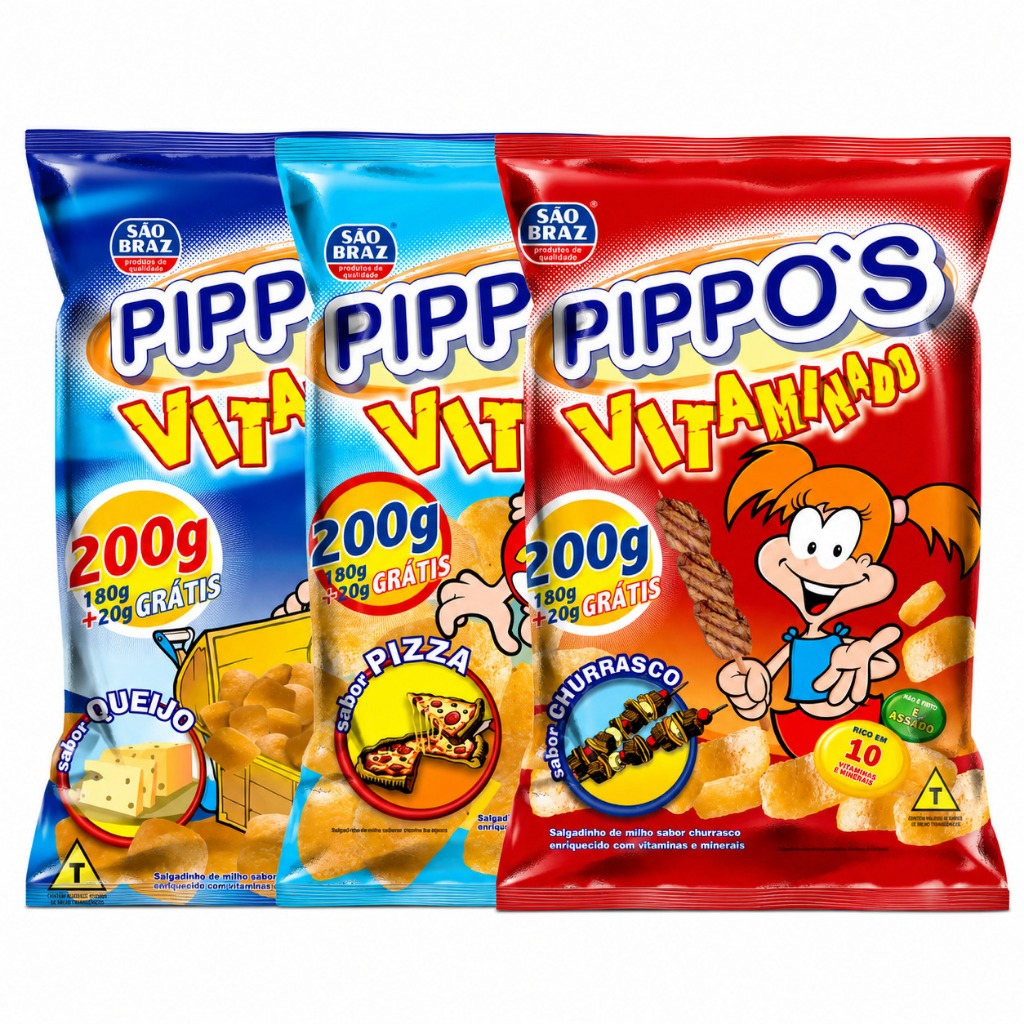 Kit 3 Salgadinhos Pippo's 200g Sortidos - São Braz | Nordeste | Assado | Lanche | Petisco | Vitaminado