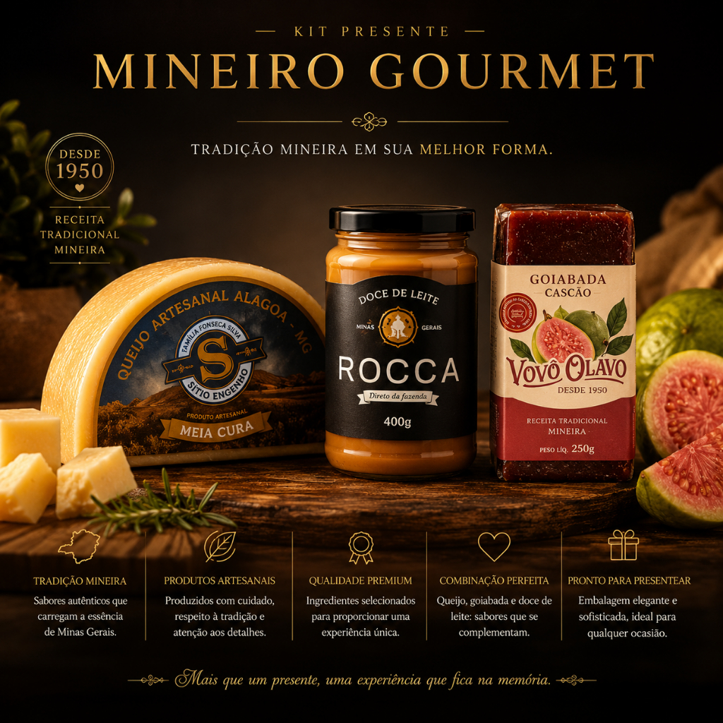 Kit Mineiro Queijo Alagoa Meia Cura + Goiabada Cascão Vovô Olavo 250g + Doce de Leite Rocca 400g