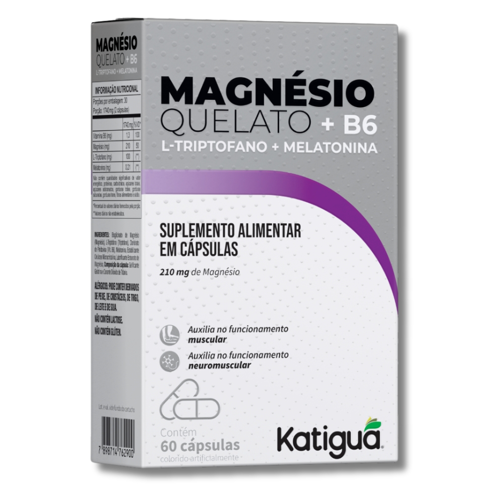 Magnésio Quelato B6 + L- Triptofano + Melatonina 60 Cápsulas - Katigua