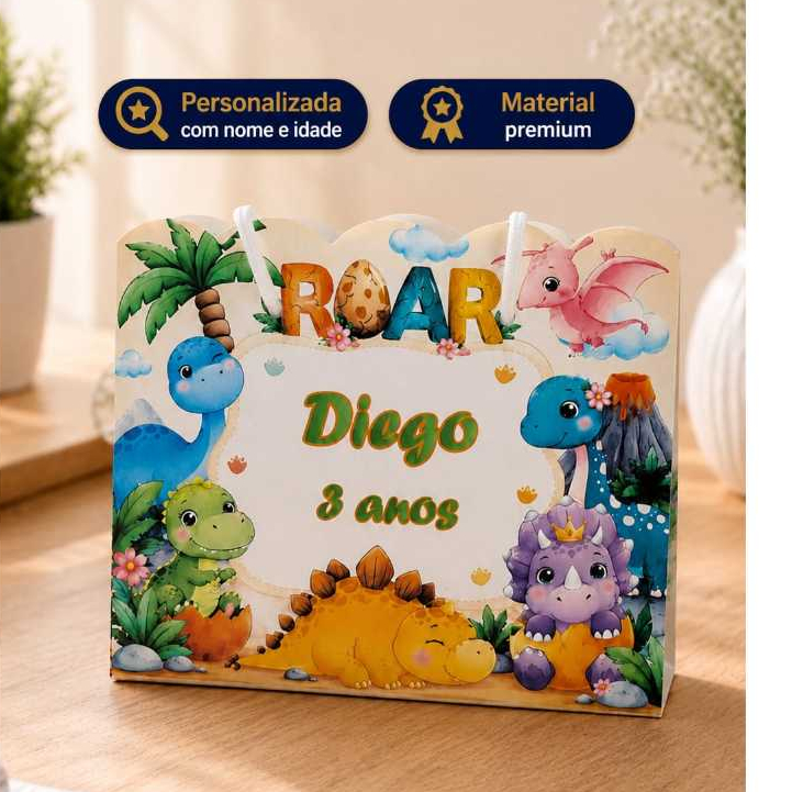 Sacolinha Personalizada Dinossauro com Nome e Idade | Lembrancinha de Aniversário