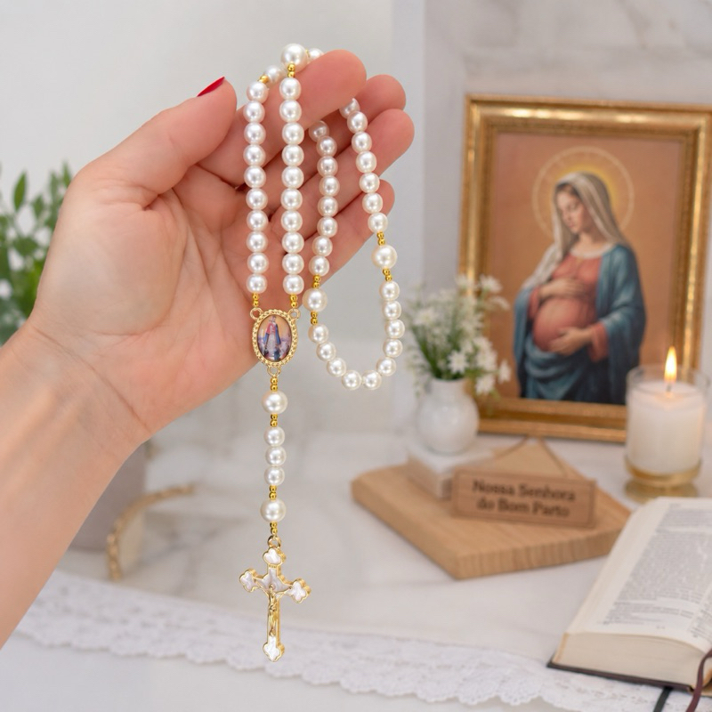 Terço Nossa Senhora do bom parto em  pérolas kit com caixa de presente e organza terço personalizado terço para gestante