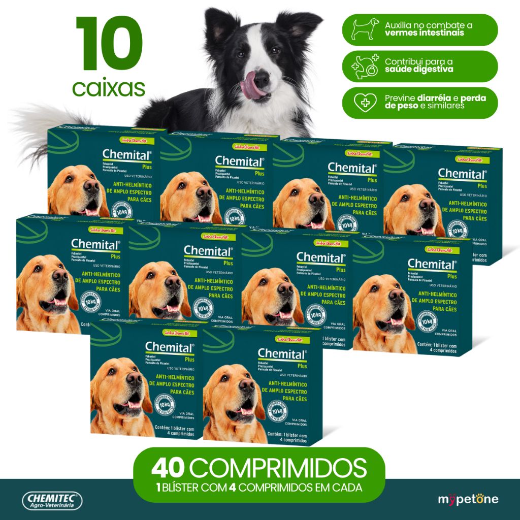 Kit 10 Chemital Plus Chemitec Vermífugo para Cães - 4 Comprimidos