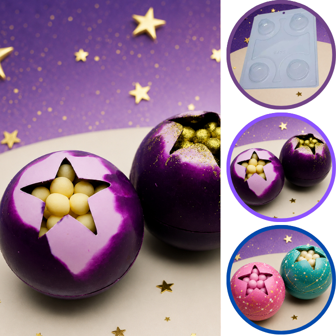 1~5 Forma para chocolate bwb com silicone (3 partes) 9452 - Esfera com Estrela 50mm 60g (CHOCO)