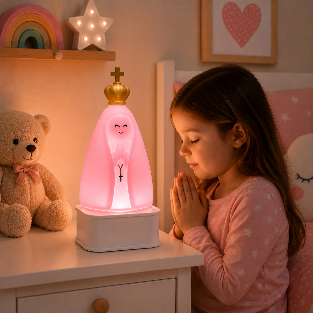 Luminária Abajur De Mesa Tomada borracha nossa senhora Led 3d Nossa Senhora Aparecida Base Branca e Preto