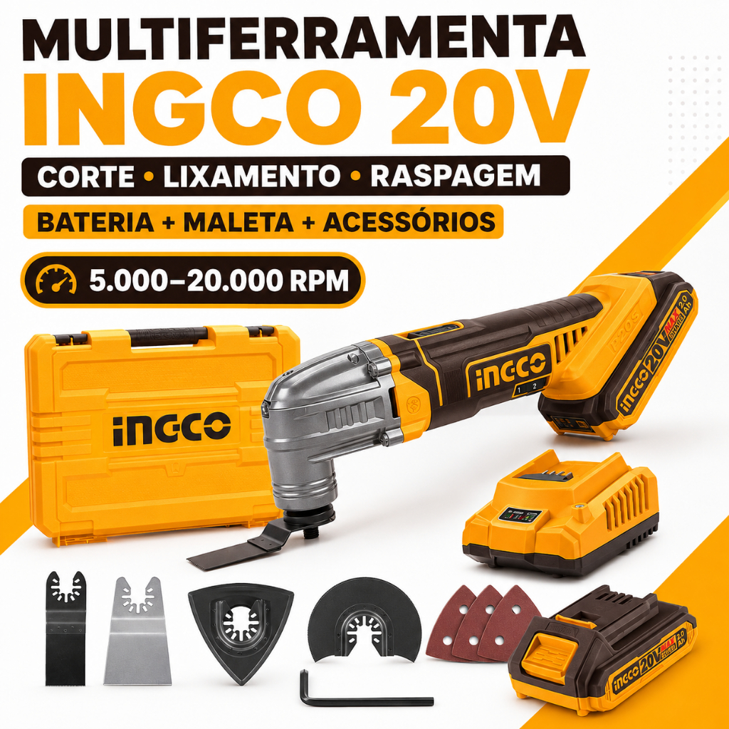 Multiferramenta Oscilante Ingco CMLI20228-9 20V P20S 2Ah Maleta Corte Lixa Raspagem Profissional