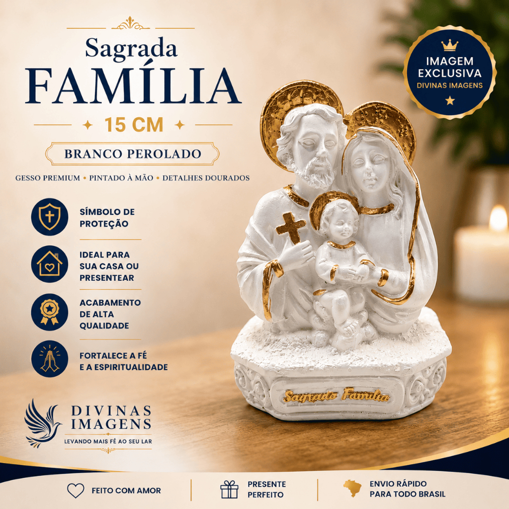 Sagrada Família Busto 15cm Branco Perolado em Gesso Pintado Decoração Religiosa