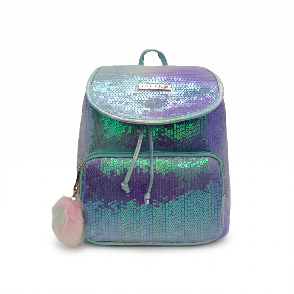Mochila Infantil Feminina Creche Escolar Costas Juvenil Colorida Lantejoulas e Paetes Brilhante Bolso Frontal Lili July