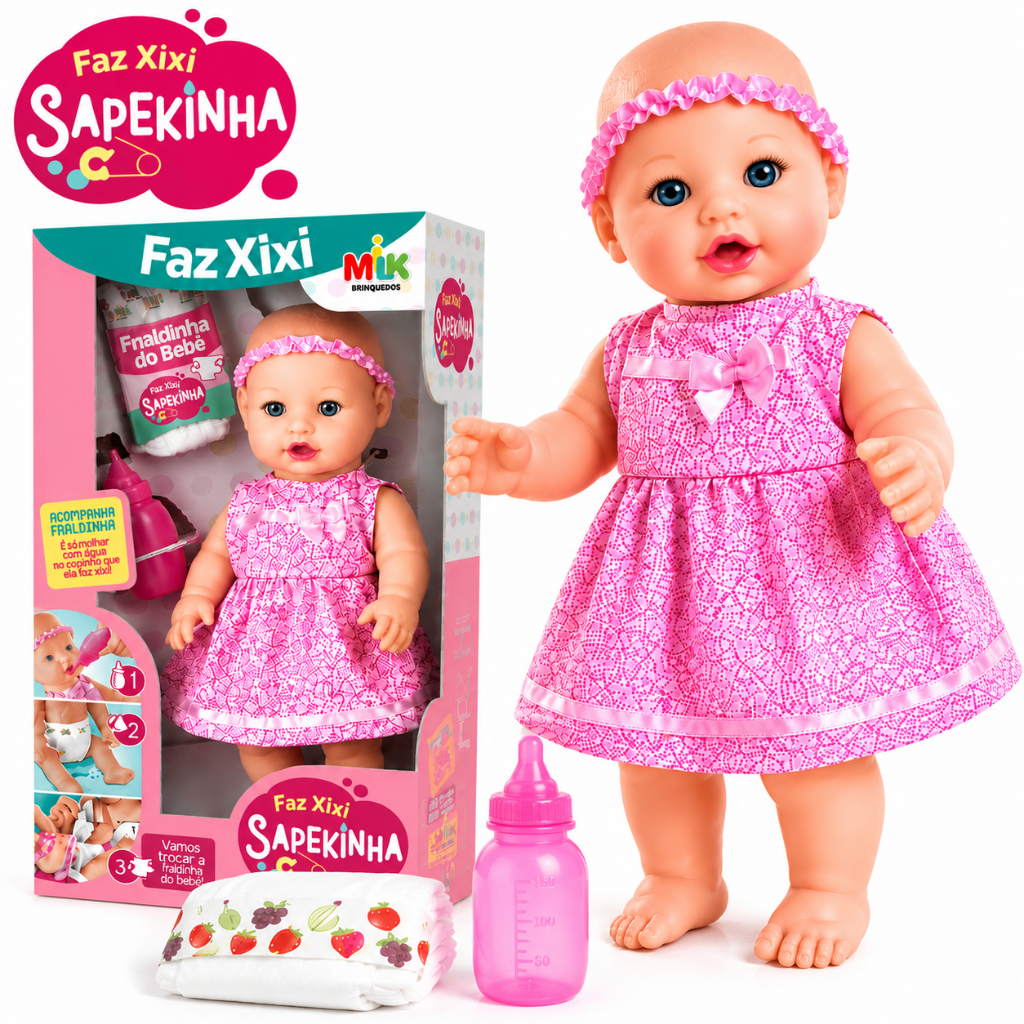 Boneca Sapekinha Faz Xixi De Verdade Com Mamadeira e Fralda - Envio Imediato -