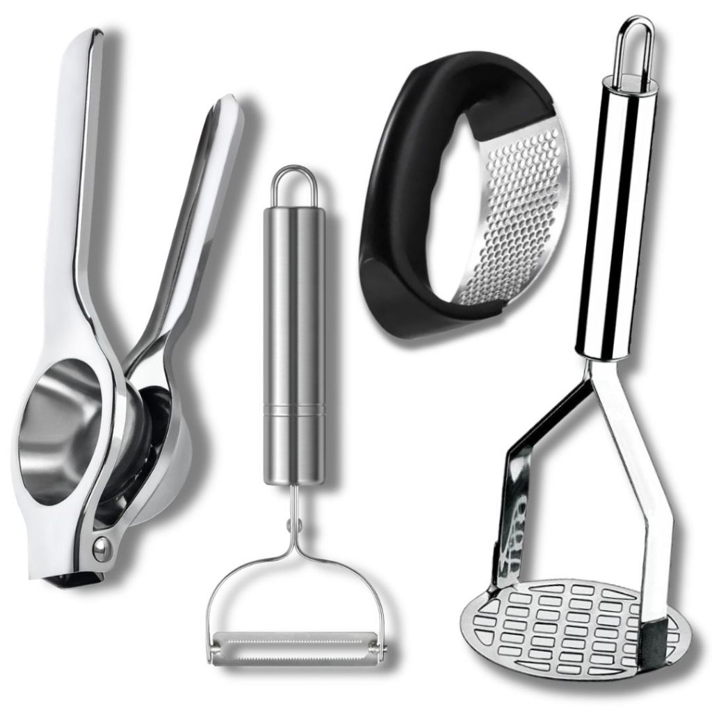 Kit Cozinha Descascador de Legumes Amassador de Batatas Espremedor de Limão e Alho em Aço Inox