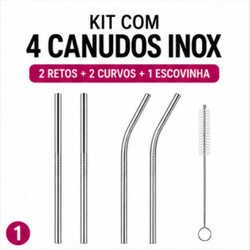 Combo 04 Canudos Inox Curvos com Escova Ecológico Reutilizáveis Laváveis