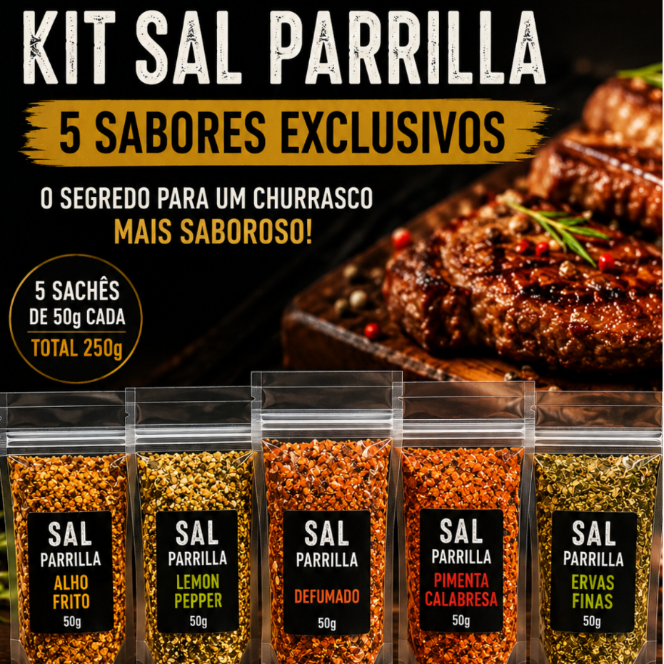 Kit Sal Parrilla 5 Sabores 50g Cada Tempero Gourmet para Churrasco Lemon Pepper Alho Frito